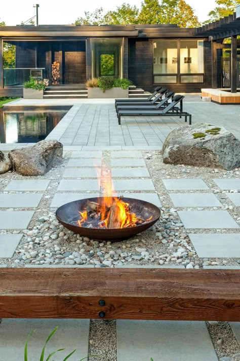 Patio and firepit Outdoor Yoga Space, Modern Manor, Hardscape Backyard, Low Maintenance Backyard, Backyard Getaway, Modern Courtyard, Fire Pit Landscaping, Backyard Designs, Garden Art Ideas