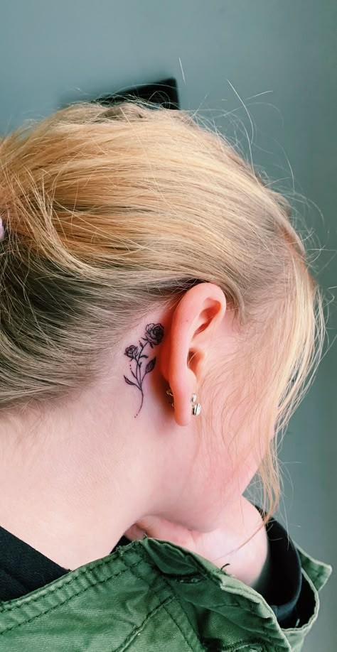 Small Tattoo Behind Ear, Rose Tattoo Behind Ear, Tattoo Behind The Ear, Behind Ear Tattoos, Tattoo Behind Ear, 16 Tattoo, Small Rose Tattoo, Neck Tattoos Women, Black Rose Tattoos