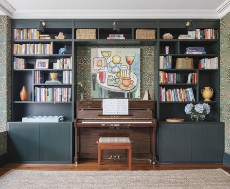 Music Room Built Ins, Cabinets Around Piano, Piano In Office, Tv Between Bookshelves, Built In With Piano, Built In Around Piano, Bookcase Around Piano, Bookshelves Around Piano, Built In Shelves Around Piano