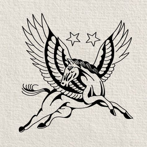 American Traditional Pegasus Tattoo, Trad Unicorn Tattoo, Pegasus Tattoo Traditional, American Traditional Unicorn Tattoo, Horse Flash Tattoo, Trad Horse Tattoo, American Traditional Horse Tattoo, Old School Horse Tattoo, Horse Tattoo Traditional