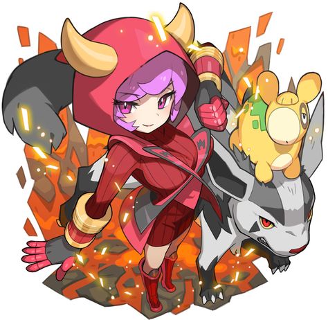 1girl boots fake_horns fighting_stance from_above full_body gloves hoodie horned_headwear kagari_(pokemon) kagari_(pokemon)_(remake) looking_at_viewer mightyena molten_rock numel pokemon pokemon_(game) pokemon_oras purple_hair ribbed_sweater saitou_naoki short_hair smile sweater team_magma uniform violet_eyes Naoki Saito, Pokémon Ruby And Sapphire, Pokemon Omega Ruby, Pokémon Oras, Pokémon Ruby, Mega Pokemon, Pokemon Waifu, Pokemon Special, Pokemon Collection