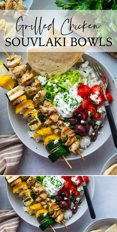 Chicken Souvlaki Bowls, Souvlaki Bowl, Chicken Souvlaki Marinade, Flavorful Grilled Chicken, Garlic Parmesan Fries, Red Pepper Recipes, Bowl Meals, Homemade Tzatziki Sauce, Vegetable Skewers