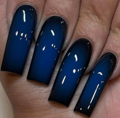 Gothic Nails Acrylic Coffin, Short Navy Blue Nails Art Designs, Navy Blue Nails Long, Dark Blue Nail Inspo Acrylic, Nail Ideas Blue And Black, Dark Blue Black Nails, Black And Blue Aura Nails, Dark Blue Tips Nails, Dark Blue Nails Coffin