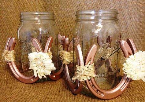 Decorative Horseshoe Fixture with Mason Jar by KatiesSpecialTouch Rose Gold Paint, Western Centerpieces, Napkin Holder Wedding, Horseshoe Ideas, Horseshoe Projects, Western Crafts, Birthday Table Decorations, Western Theme Party, Horseshoe Decor