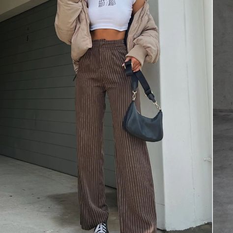 Never Worn Didn’t Fit Me Super Cute But Don’t Fit :( Pin Stripe Pants Women, Striped Slacks Outfit, Brown Striped Pants Outfit, Brown Pinstripe Pants Outfit, Pin Stripe Pants Outfit, Black Trousers Outfit Casual, Stripped Pants Outfit, Striped Trousers Outfit, Brown Pinstripe Pants