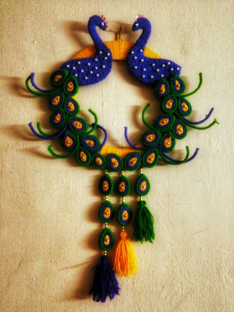 Macrame Toran Designs, Macrame Toran, Crochet Peacock, Toran Designs, Shiva Tandav, Crocheted Cow, Indian Decoration, Wool Crafts Diy, Feathers Art