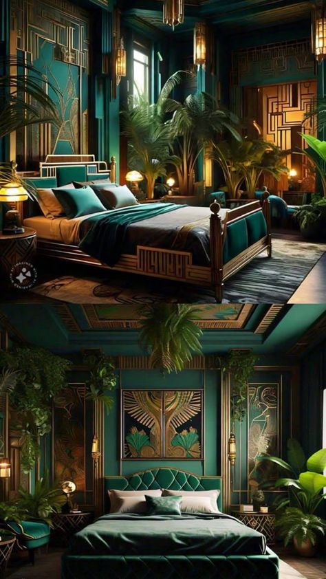 Egyptian style Art Deco bedroom Egyptian Style Bedroom, Egyptian Bedroom, Gold Accent Wall, Egyptian Home Decor, Carved Beds, Silk Throw Pillows, Art Deco Bedroom, Deco Bedroom, Egyptian Style