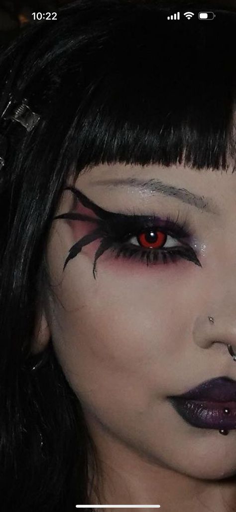 Goth Black And Red Hair, Everyday Vampire Makeup, Bat Nose Makeup, Black And Red Goth Makeup, Gothic Christmas Makeup, Christmas Goth Makeup, Colorful Goth Makeup, Red Goth Makeup, Red Black Makeup