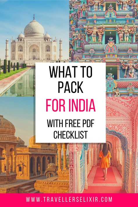 Check out this complete guide to all the things you should pack for India. Includes a complete packing list with a free PDF printable checklist! Hostel Essentials Packing Lists Indian, Trip To India Outfits, India Trip Outfit What To Wear, What To Pack For India Women, Packing For India Woman, Travel To India Packing Lists, India Outfits Travel Style, Packing For India Trip, What To Pack For India Trip