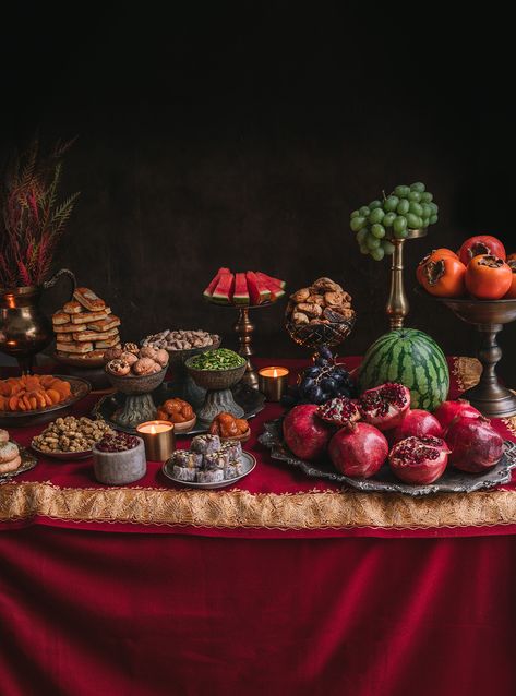 Around the Yalda table: Two Canadian families share how they mark the Persian winter solstice celebration | Commemorating the longest night with a gathering, poetry, stories and a banquet that positively glows. Winter Solstice Celebration, Iranian Wedding, Yalda Night, Haft Seen, Solstice Celebration, Celebration Around The World, Night Food, Jewel Tone Colors, Family Painting