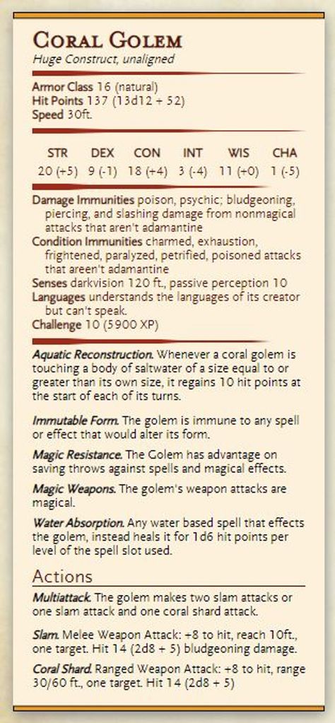 Coral Golem 5e Stat Block - I made one look pretty since several people asked for it. Stat Block, Dnd Stats, Dungeon Master's Guide, Dungeons And Dragons 5e, Dnd 5e Homebrew, Tabletop Rpg Maps, Dnd Dragons, D D Monsters, Roleplay Characters