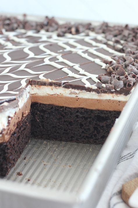 Decadent Tuxedo Sheet Cake - Baking with Blondie Cake For A Crowd, Baking With Blondie, Chocolate Sheet Cake, Sheet Cake Recipes, Sheet Cake Pan, Rich Chocolate Cake, Cake Baking, Chocolate Shavings, Mousse Cake