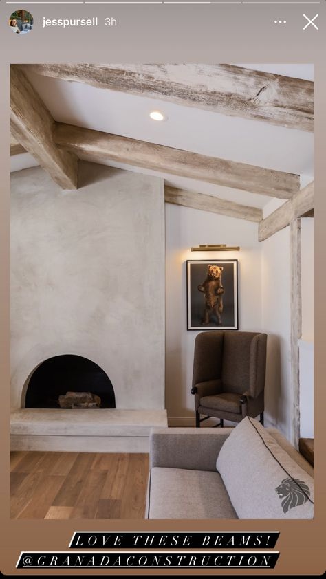 Modern Mediterranean Fireplace, Mediterranean Fireplace, Stucco Fireplace, Concrete Fireplace, Fireplace Built Ins, Black Brick, Faux Fireplace, Fireplace Remodel, Nails Home