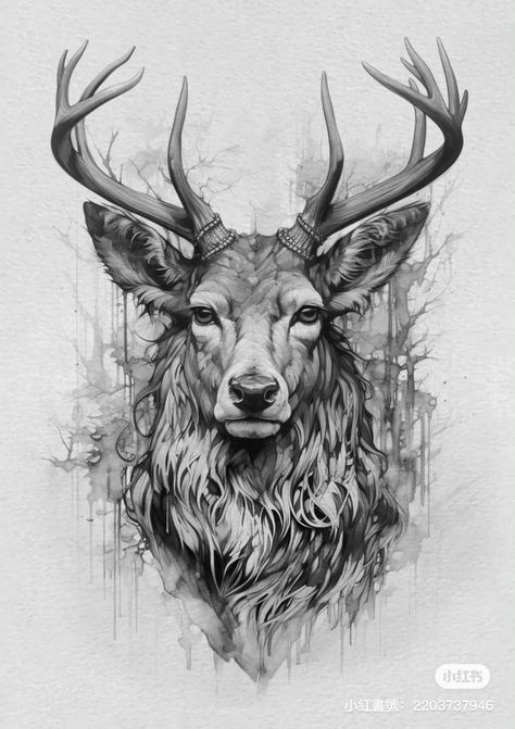 Elk Tattoos For Men, Deer Tattoo Designs For Men, White Tail Deer Tattoo, Dear Tattoos, Deer Head Drawing, Stag Drawing, Stag Tattoo Design, Reindeer Tattoo, Cool Nature Tattoos