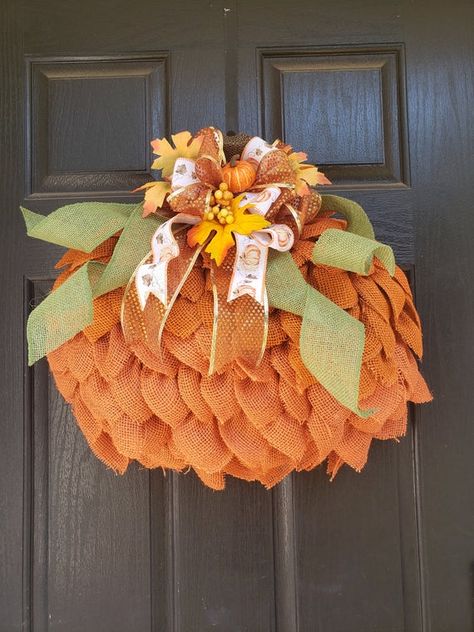 Mesh Pumpkin, Burlap Pumpkin Wreath, Summer Burlap Wreath, Burlap Pumpkins, Fall Pumpkin Decor, Fall Thanksgiving Wreaths, Orange Wreath, Burlap Projects, Christmas Mesh Wreaths