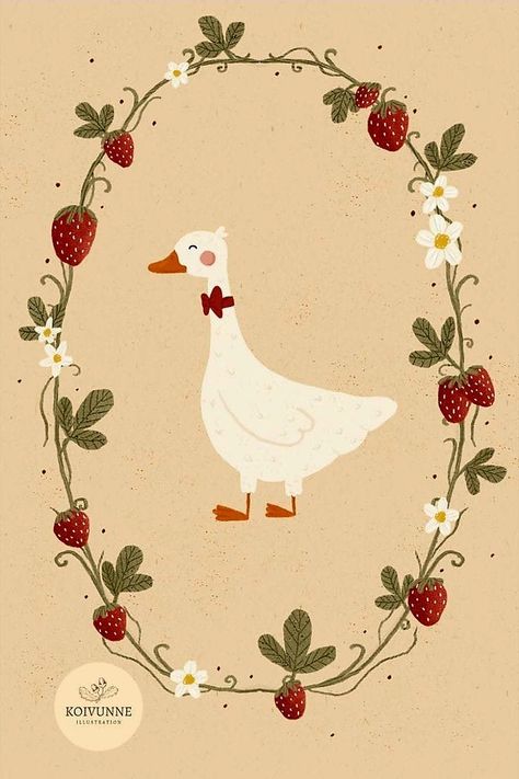 Goose Art, Whimsical Nursery Decor, Whimsical Cottagecore, Goose Nursery, Cottagecore Room, Cottagecore Room Decor, Strawberry Art, Animal Art Print, Cottagecore Art