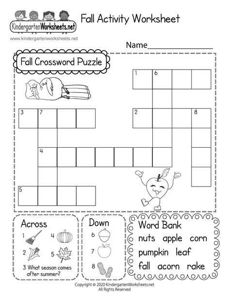 Kids can solve a fall-themed crossword puzzle using picture clues, hints, and a word bank by writing in the missing words. This free fall activity worksheet covers the following words: apple, rake, pumpkin, leaf, nuts, acorn, fall, and corn. Fall Worksheets For Kindergarten, Free Fall Worksheets, Kindergarten Language Worksheets, Spelling Worksheets Kindergarten, Thanksgiving Worksheets Kindergarten, Kindergarten Fall Worksheets, Halloween Worksheets Kindergarten, Preschool Forms, Christmas Worksheets Kindergarten