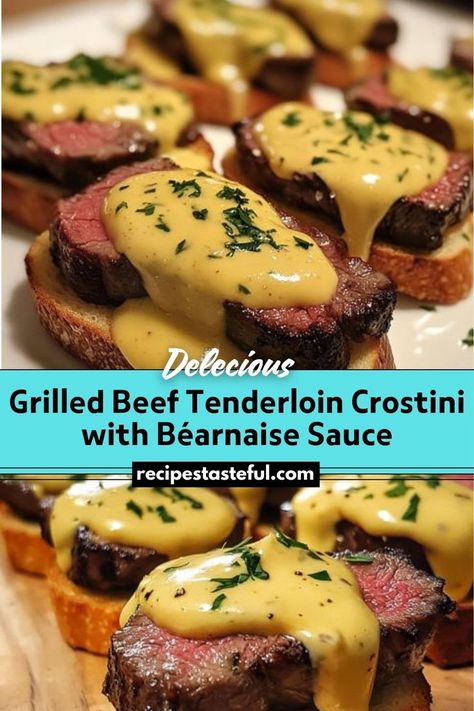 This elegant appetizer features tender slices of grilled beef tenderloin served on crispy crostini and topped with a rich, herb-infused Béarnaise sauce. Perfect for special occasions or as a sophisticated starter at your next gathering. Beef Tenderloin Crostini, Tenderloin Crostini, Béarnaise Sauce, Grilled Beef Tenderloin, Beef Tenderloin Recipes, Traditional Thanksgiving Recipes, Beef Filet, Bearnaise Sauce, Easy Thanksgiving Recipes