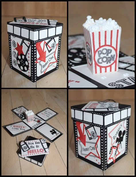 Join me for a night at the movies explosion box Movie Box Gift Diy, Cinema Gift, Actor Gifts, Happy Birthday Art, At The Movies, Birthday Card Craft, Diy Presents, Explosion Box, Birthday Cards Diy