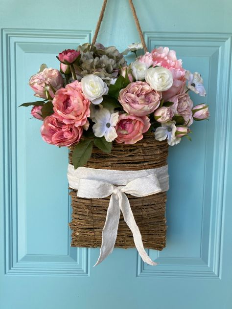 Wooden Basket Wreath, Basket Wreaths For Front Door, Door Baskets, Eclectic Room, Hanging Wall Baskets, Cottage Wall Decor, Summer Wall Decor, Door Basket, Floral Door Wreaths