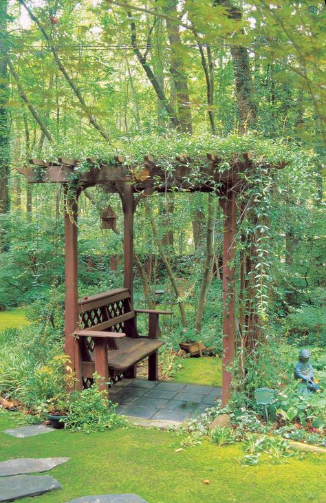 Shady arbor bench Sitting Area Under Tree, Pergola Vines, Pergola Roof, Arbor Bench, Wood Arbor, Cheap Landscaping Ideas, Pergola Lighting, Wood Pergola, Garden Arbor