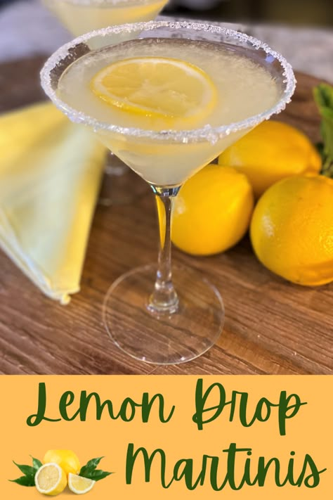 These Lemon Drops are a delicious drink made with just 4 ingredients. Juice from a fresh lemon, vodka, sugar, and water. I like to make these cocktails with Meyer lemons. #lemondropmartinis #lemonmartinis #martinis #vodkamartinis #happyhour #cocktails #drinks #happyhourcocktails #lemondrinks #cituscocktails #cocktailsrecipes #martinirecipes #beverages Lemon Vodka Drinks, Lemon Cocktail Recipes, Lemon Drop Drink, Lemon Drop Martini Recipe, Lemon Drop Recipe, Lemon Martini, Martini Recipes Vodka, Lemon Drop Cocktail, Lemon Cocktail