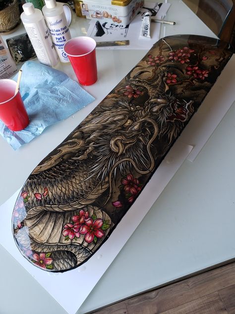 One Piece Skateboard, Dragon Skateboard Design, Japanese Skateboard, Dragon Skateboard, Skateboard Room, Painted Skateboard, Snowboard Art, Snowboard Design, Skateboard Deck Art