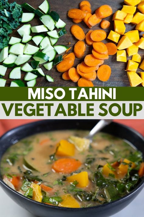 Miso and tahini bring rich depth and mouth-watering sweet, sour, and salty tastes to the broth of this versatile vegetable soup. My guess is that once you try this, miso and tahini with both turn into healthy food cravings that you’ll be happy to have. Miso Vegetable Soup, Winter Vegetarian Recipes, Healthy Soup Vegetarian, Miso Tahini, Leafy Green Salads, Healthy Vegetable Recipes, Healing Foods, Vegetables Recipes, Soup Broth