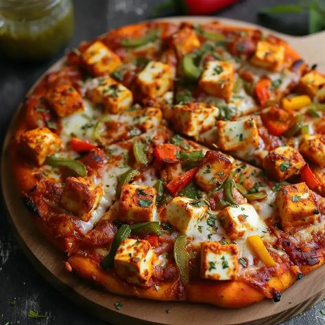 Homemade Paneer Pizza is a delightful and flavorful fusion of Indian and Italian cuisines. This vegetarian pizza features a homemade paneer tikka topping, which is a popular Indian dish made from cubes of paneer (Indian cottage cheese) marinated in spices and yogurt. The creamy and slightly spicy paneer tikka pairs perfectly with the classic pizza base and toppings, creating a unique and mouthwatering pizza experience. Tikka Masala Pizza, Homemade Paneer, Paneer Pizza, Sandwich Recipes Indian, Veg Pizza, Romantic Breakfast, Chicago Style Pizza, Paneer Tikka, Vegetarian Pizza