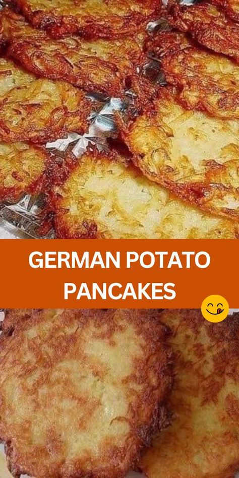 GERMAN POTATO PANCAKES - Experience the savory delight of German Potato Pancakes! Made with shredded potatoes, eggs, and flavorful seasonings, these pancakes are perfect for breakfast or dinner. Serve them alongside Bratwurst sausage for a hearty meal, or top them with cranberry sauce and maple syrup for a sweet twist. Potato Patties Shredded, German Potato Pancakes Easy, Potato Pancakes Shredded Easy, German Potato Pancakes Authentic, Potato Pancakes Shredded, Potatoes And Eggs Breakfast, Starch Dishes, Potato Pancakes From Mashed Potatoes, German Potato Cakes