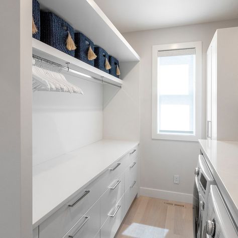 Laundry Room Ideas With Deep Freezer, Long Narrow Laundry Room Design, Deep Freeze In Laundry Room, Narrow Laundry Room With Toilet, Modern Laundry Room Ideas Small Spaces, Wide Laundry Room Ideas, Laundry Room Upstairs Layout, Galley Laundry Room Design, Closets By Design Laundry Rooms