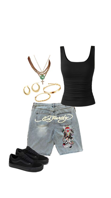 Black tanktop,ed hardy jorts,gold jewelry,vans knuskooll Ed Hardy Outfit, Black Tanktop, Cute Streetwear, Ed Hardy, Cute Fits, Types Of Fashion Styles, Black Tank Tops, Classic Black, Gold Jewelry