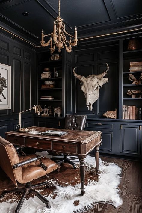 Hauntingly Beautiful: The Rise Of Western Gothic Interiors In Modern Design Western Theme Interior Design, Rustic Mens Office, Texas Home Interior Design, Western Office Inspiration, Western Style Interior Design, Black Western Decor, Victorian Western Decor, Western Gothic Interior, Dark Office Decor