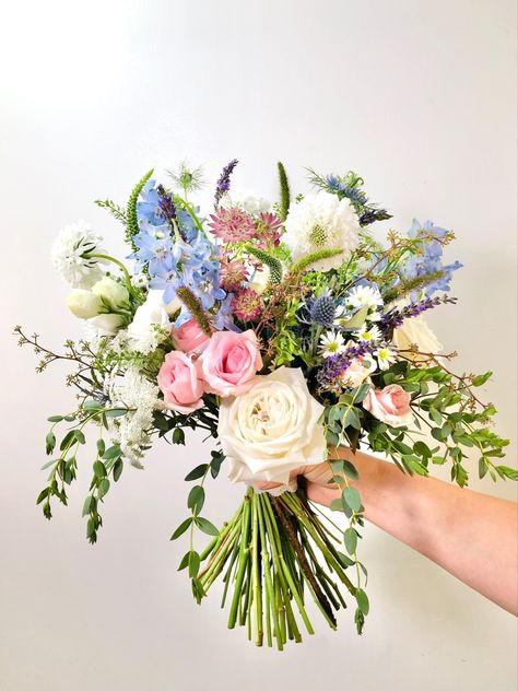 White Pink Purple Bouquet, Purple Blue Green Wedding Bouquet, Blue Pink And White Flowers, Blue And Pink Bridesmaid Bouquet, Pink And Green Wildflower Bouquet, Pink Purple Blue Flower Bouquet, Pink Purple Blue Wedding Bouquet, Light Purple Prom Flowers, Wedding Flowers Pastel Colours