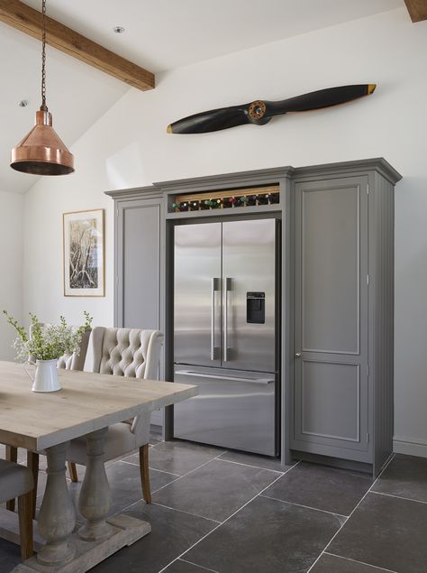 This bespoke fridge freezer housing is perfect for the grey kitchen, built using our traditional Original furniture #harveyjones #kitchens #greykitchen Fridge Cabinets, Built In Fridge, Built In Fridge Freezer, Designer Kitchens, Small Cottage Kitchen, Barn Kitchen, Open Plan Kitchen Living Room, Furniture Cheap, Farmhouse Kitchen Cabinets