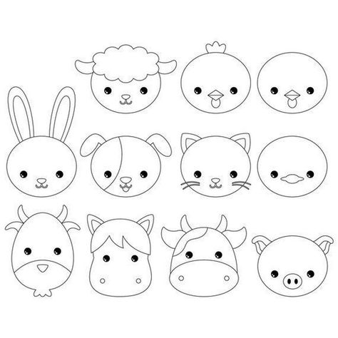 Whimsical Farm Animal Stickers for Play Animal Faces Printable, Farm Animals Drawing Easy, Farm Animal Faces Printable, Easy Farm Animal Drawings, Animal Faces Drawing, Draw Farm Animals, Omnipod Painting, Faces Line Art, Tiny Designs