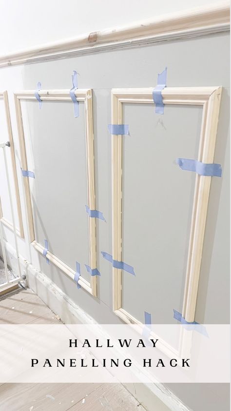 Hallway panelling has started. I discovered a super easy way to get every section equal! I’m filming a YouTube guide. Comment YES - to be… | Instagram Easy Hallway Panelling, Narrow Hallway Wainscotting Ideas, Small Hallway Panelling, Diy Panelling Walls Hallways, Wooden Panelling Hallway, Diy Hallway Panelling, Corridor Panelling, Narrow Hallway Panelling, Hallway Cladding