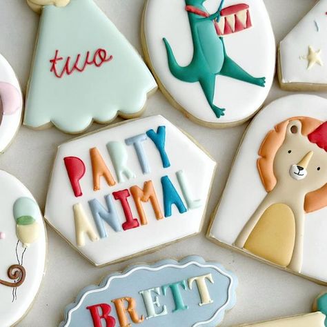 Morgan Saint on Instagram: "Welcome to the zoo, Brett is two🐅🦒🐘🎉 Colorful cuteness overload! Had so much fun with these🩵

Design inspo: Meri Meri party

#cowtowncookieco #fortworthcookies #aledocookies #partyanimals #zoobirthday #boybirthday #partyanimalcookies #2ndbirthdayparty #welcometothezoo" Party Animal Meri Meri, Party Animal Birthday Cookies, Party Animal Cookies, Meri Meri Party, Birthday Cookie, Animal Parade, Zoo Birthday, Meri Meri, Animal Cookies