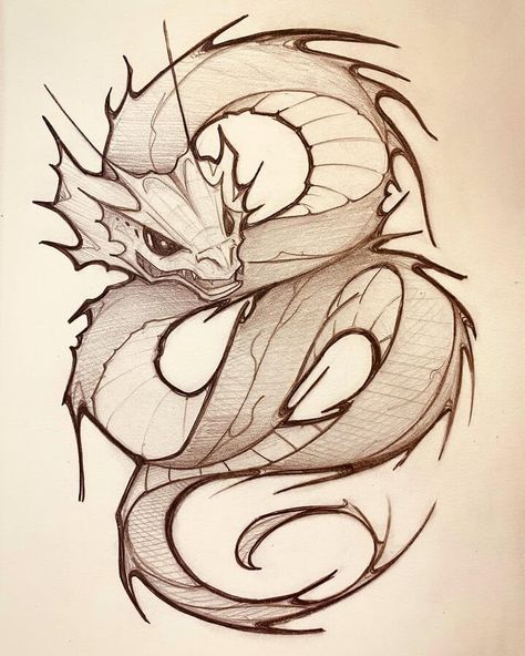 Water Dragon by K. Moss Ink Creature, Cool Dragon Drawings, Minimal Tattoo Designs, Minimal Tattoo Ideas, Monster Sketch, Cool Tattoo Drawings, Dragon Sketch, Fantasy Drawings, Water Dragon