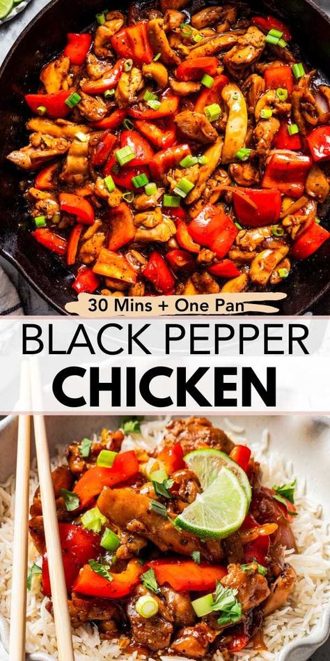 This Black Pepper Chicken recipe combines juicy slices of chicken and crisp veggies sautéed to perfection in a delicious Chinese-style stir-fry sauce, bursting with the spicy kick of black pepper, zesty ginger, and garlic. #blackpepperchicken #chinese #stirfry Black Pepper Chicken Chinese, Black Pepper Chicken Recipe, Diethood Recipes, Pepper Chicken Recipe, City Chicken, Black Pepper Chicken, Marinated Chicken Thighs, Recipes With Chicken And Peppers, Mongolian Beef Recipes