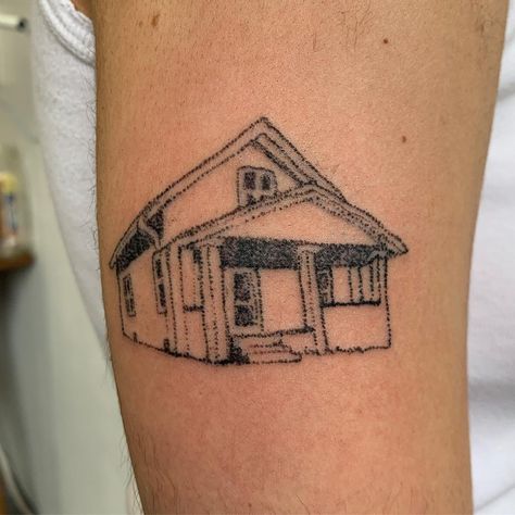 Tattoos Of Houses, Tattoo Of House, Doll House Tattoo, Old House Tattoo, Fine Line House Tattoo, House On Fire Tattoo, House Outline Tattoo, Childhood Home Tattoo, Homesick Tattoo