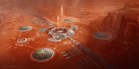 Mars colony with domed gardens and spaceport by Duncan Li Space Colony Concept, Colonization Of Mars, Mars Colony, Space Colony, Mars Exploration, Desert Area, Sci Fi Environment, Mission To Mars, Futuristic Art