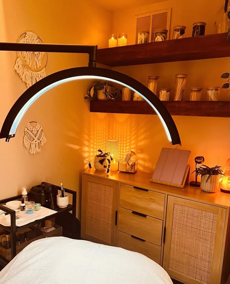 Yellow Esthetician Room, Orange Esthetician Room, Boho Esthetics Room, Gold Esthetician Room, Esthetician Accessories, Colorful Esthetician Room, Cozy Esthetician Room, Facial Room Interior Design, Vision Board Esthetician