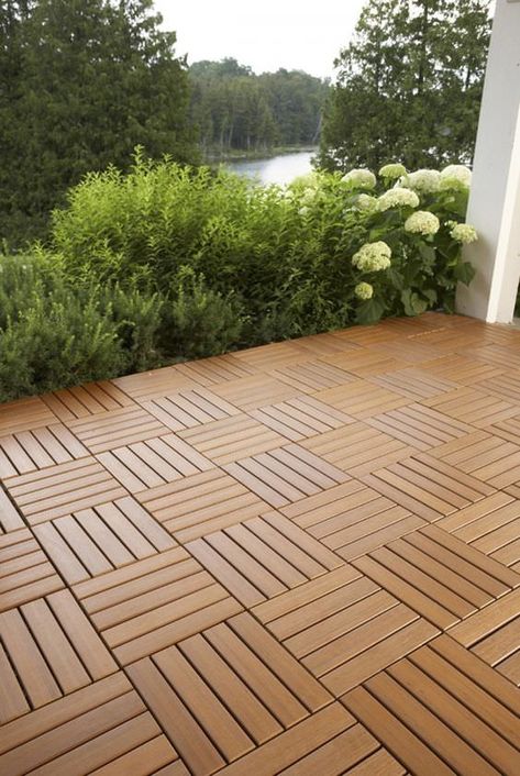 9 DIY Cool & Creative Patio Flooring Ideas • The Garden Glove Cheap Patio Floor Ideas, Outdoor Patio Flooring Ideas, Patio Floor Ideas, Patio Floor, Interlocking Deck Tiles, Concrete Patios, Wooden Patios, Wooden Deck, Cheap Patio