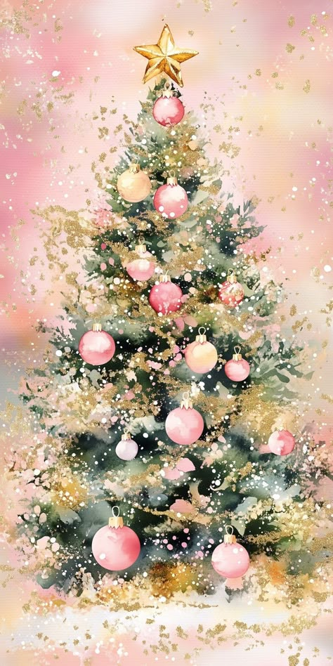 Vintage Christmas Iphone Wallpapers, Pink And Gold Ornaments, Iphone Refresh, Pink Glitter Christmas, Pink Christmas Background, Pink Phone Wallpaper, Pink Christmas Wallpaper, Cozy Christmas Tree, Christmas Tree Scene