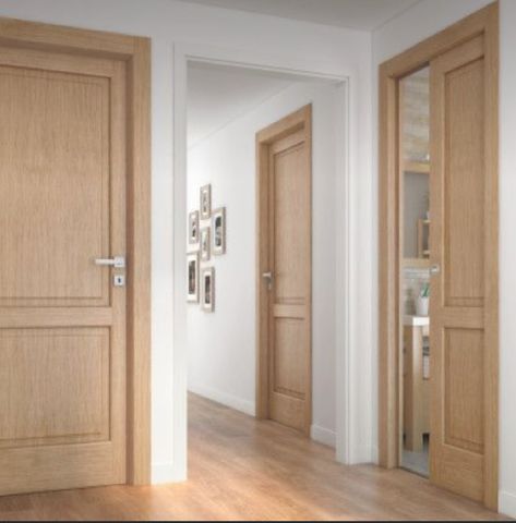 Modern Interior Wood Doors, Brown Doors Interior, White Trim With Wood Doors, Oak Doors Interior, Stained Interior Doors, Wood Doors White Trim, Scandinavian Door, Interior Door Color, Modern Wood Doors