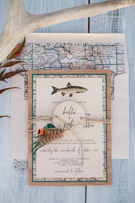 Fly Fishing Wedding, Map Of Colorado, Fishing Themed Wedding, Colorado Map, Fishing Wedding, Wedding Invitation Samples, Country Wedding Invitations, Colorado Mountain, Beach Wedding Invitations