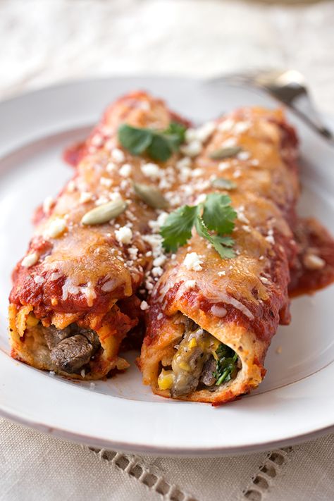 Flank Steak & Four Cheese Enchiladas with Sweet Corn, topped with Homemade Smoky Chipotle Enchilada Sauce Steak Enchilada Casserole, Steak Enchiladas Recipe, Chipotle Enchilada Sauce, Texmex Recipes, Steak Enchiladas, Homemade Chipotle, Enchilada Ingredients, Latin Recipes, Cheese Enchiladas