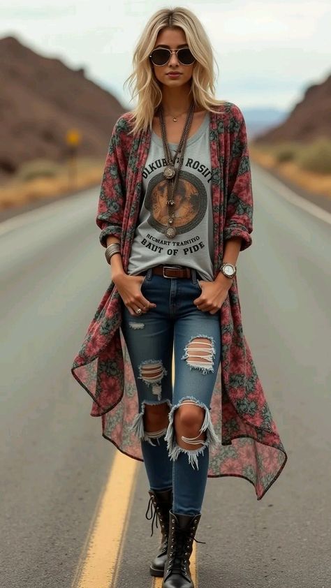 Moto Boho Style | Moto Boho Aesthetic | Moto Boho Outfits | Moto Boho Fashion | Moto Boho Trend Embrace the Edgy Elegance of Moto Boho Fashion! 🚴‍♀️✨  Discover the perfect blend of rugged rebellion and bohemian charm with our top moto boho fashion picks! From distressed leather jackets to fringed suede boots and layered boho jewelry, these outfits are designed to make a statement. Click now to explore the ultimate guide to effortlessly chic moto boho style! #MotoBoho #FashionTrends #BohoChic #EdgyStyle #OOTD Boho Rocker Style, Rock Boho Style, Edgy Boho Outfits, Bohemian Rock Style, Distressed Leather Jacket, Edgy Elegance, Boho Layering, Boho Trends, Boho Aesthetic