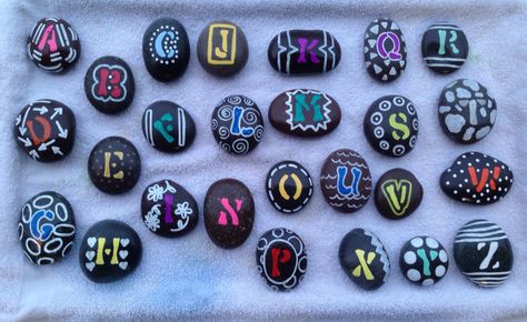 Alphabet stones hand painted SNS DESIGNS Sns Designs, Paint Rock, Hand Painted Rocks, Garden Signs, Rock Crafts, Painted Stones, Billiard Balls, Letters And Numbers, Rock Painting